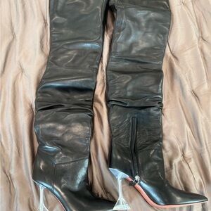 Amina Muaddi Black Leather Knee-High Boots